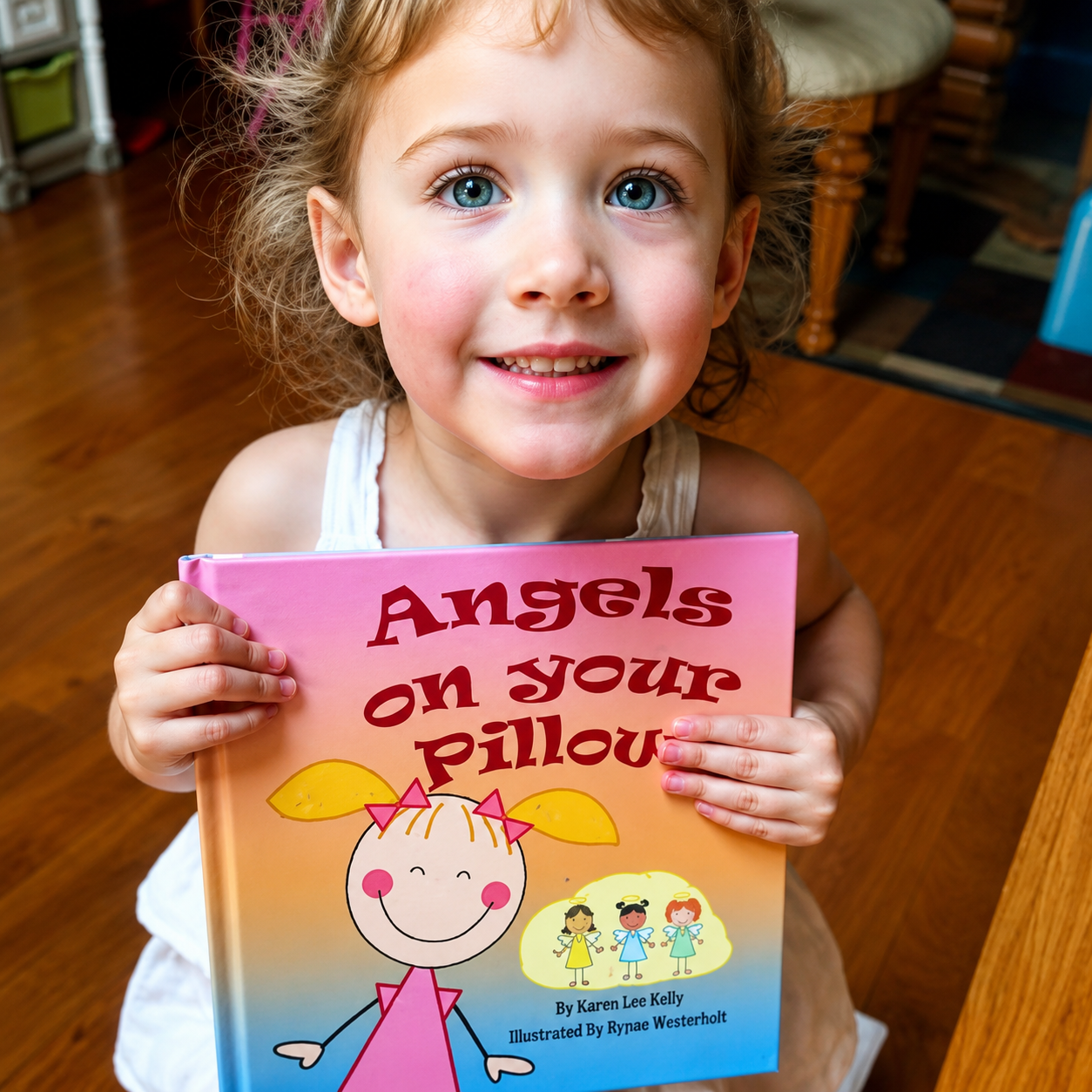 A young girl holding the Angels on Your Pillow picture book.
