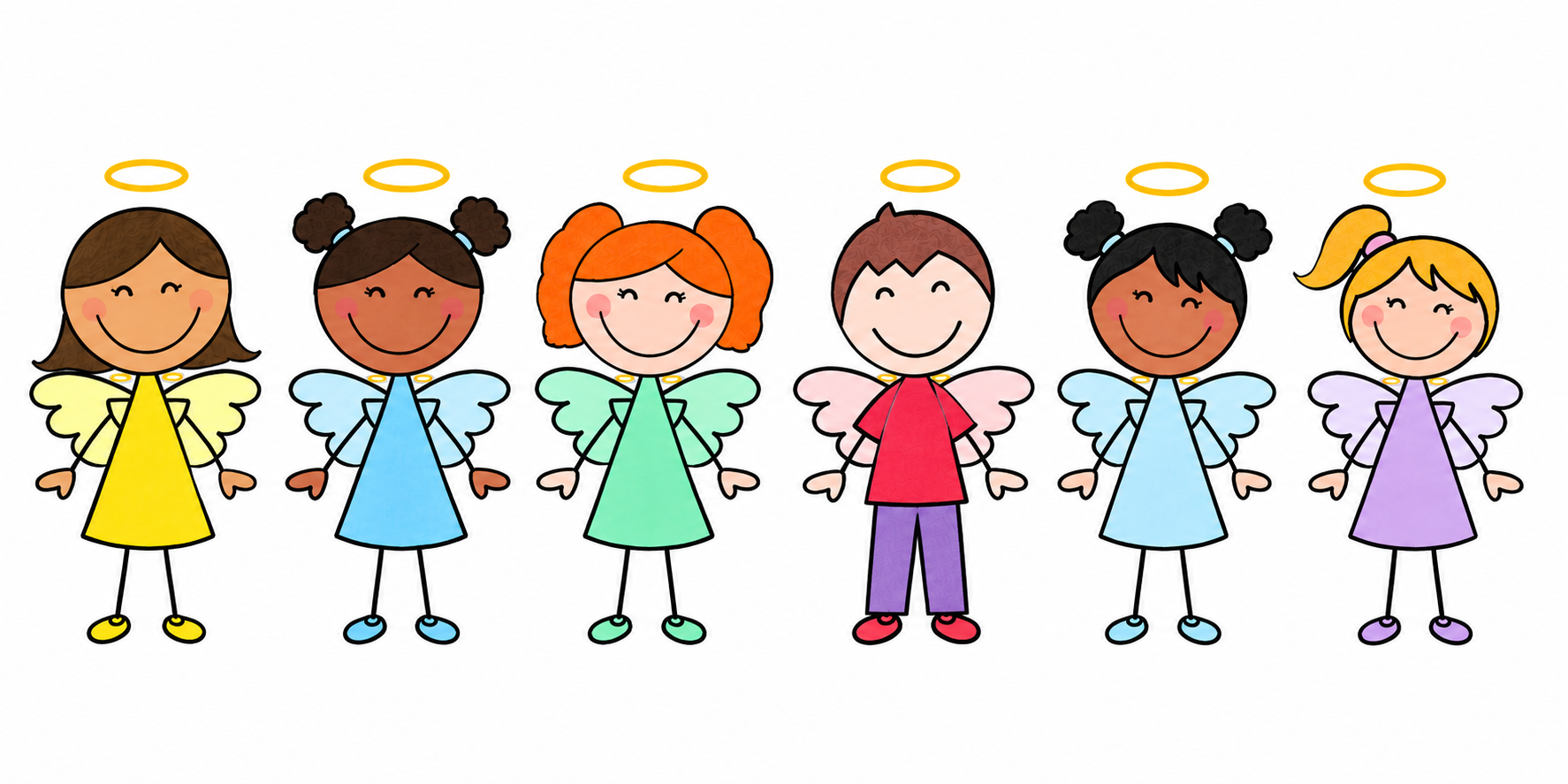 All six guardian angels in a row — the artwork for the Angel Hugs Song.